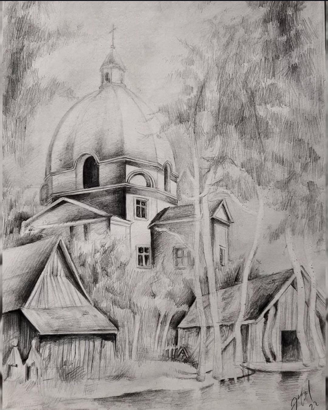 Gotik Huzur - Kilise ve Doğa Karakalem Peyzaj