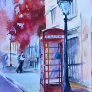 Sonbahar Londra - Kırmızı Telefon Kulübesi Suluboya