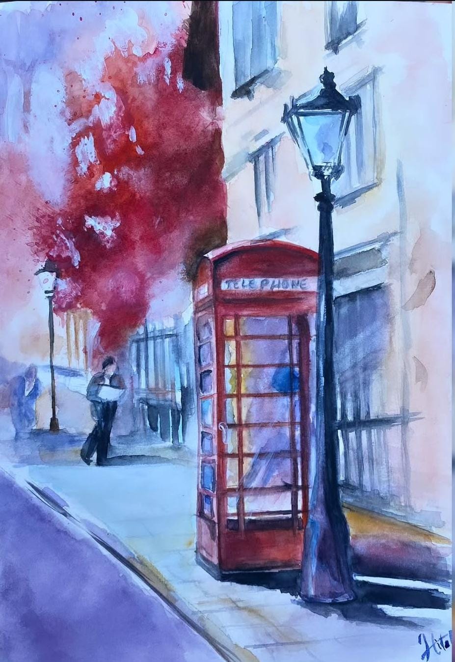 Sonbahar Londra - Kırmızı Telefon Kulübesi Suluboya