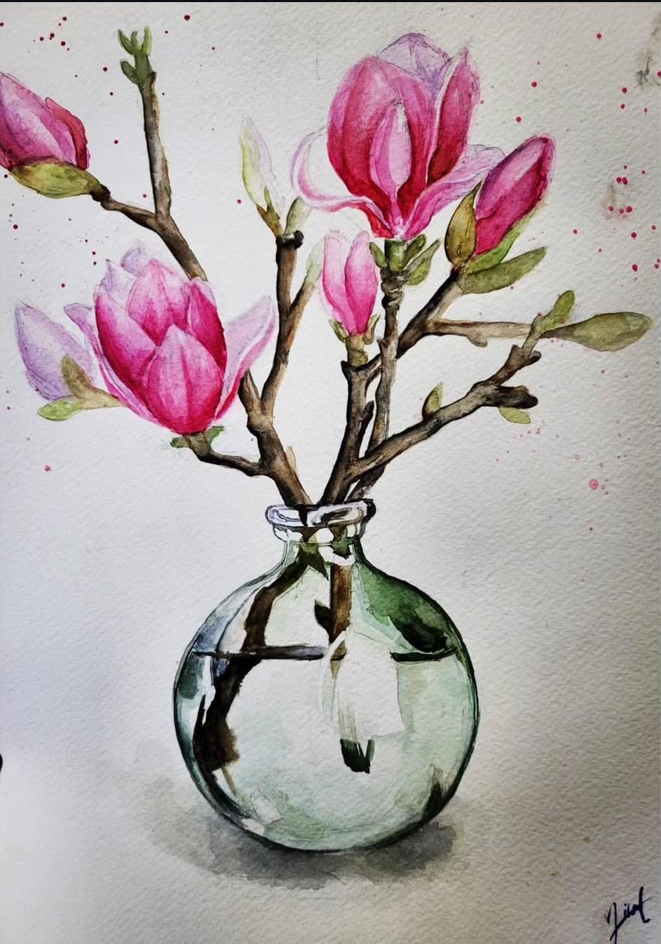 Bahar Tazeliği - Pembe Manolya Çiçekleri Suluboya Tablo